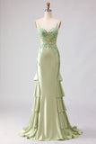 Light Green Satin Mermaid Beaded Ruffled Long Corset Formal Dress