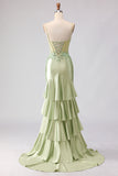 Light Green Satin Mermaid Beaded Ruffled Long Corset Formal Dress