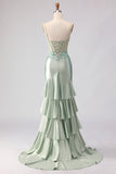 Light Green Satin Mermaid Beaded Ruffled Long Corset Formal Dress