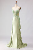 Light Green Satin Mermaid Beaded Ruffled Long Corset Formal Dress