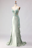 Light Green Satin Mermaid Beaded Ruffled Long Corset Formal Dress