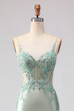 Light Green Satin Mermaid Beaded Ruffled Long Corset Formal Dress