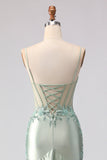 Light Green Satin Mermaid Beaded Ruffled Long Corset Formal Dress