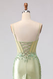 Light Green Satin Mermaid Beaded Ruffled Long Corset Formal Dress
