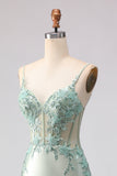 Light Green Satin Mermaid Beaded Ruffled Long Corset Formal Dress