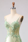 Light Green Satin Mermaid Beaded Ruffled Long Corset Formal Dress