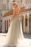 Sparkly A-Line Beaded Corset Peach Sequin Long Tulle Prom Dress with Slit