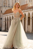 Sparkly A-Line Beaded Corset Peach Sequin Long Tulle Prom Dress with Slit