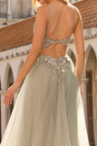 Sparkly A-Line Beaded Corset Peach Sequin Long Tulle Prom Dress with Slit