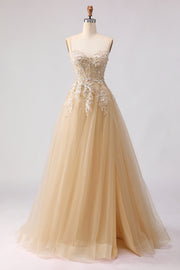 Sparkly A-Line Tulle Beaded Appliqued Peach Long Corset Formal Dress with Slit