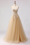 Sparkly A-Line Tulle Beaded Appliqued Peach Long Corset Formal Dress with Slit