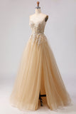 draft-Sage Green A-Line Embroidered Long Tulle Prom Dress with Slit