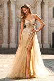 Sparkly A-Line Beaded Corset Peach Sequin Long Tulle Prom Dress with Slit