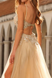 Sparkly A-Line Beaded Corset Peach Sequin Long Tulle Prom Dress with Slit