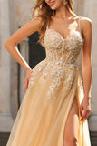 Sparkly A-Line Beaded Corset Peach Sequin Long Tulle Prom Dress with Slit