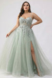 draft-Sage Green A-Line Embroidered Long Tulle Prom Dress with Slit