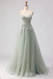 Glitter Sage Green A-Line Beaded Corset Long Tulle Formal Dress with Embroidery