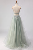 Sparkly A-Line Tulle Beaded Appliqued Peach Long Corset Formal Dress with Slit