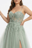 draft-Sage Green A-Line Embroidered Long Tulle Prom Dress with Slit