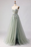 Glitter Sage Green A-Line Beaded Corset Long Tulle Formal Dress with Embroidery