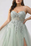 draft-Sage Green A-Line Embroidered Long Tulle Prom Dress with Slit