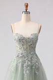 Glitter Sage Green A-Line Beaded Corset Long Tulle Formal Dress with Embroidery