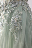 Glitter Sage Green A-Line Beaded Corset Long Tulle Formal Dress with Embroidery