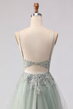 Glitter Sage Green A-Line Beaded Corset Long Tulle Formal Dress with Embroidery