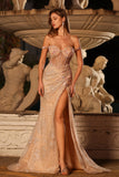 Sparkly Peach Mermaid Sequins Off the Shoulder Corset Long Formal Dress with Slit