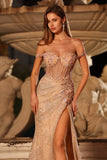 Sparkly Peach Mermaid Sequins Off the Shoulder Corset Long Formal Dress with Slit