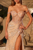 Sparkly Peach Mermaid Sequins Off the Shoulder Corset Long Formal Dress with Slit