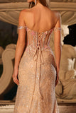 Sparkly Peach Mermaid Sequins Off the Shoulder Corset Long Formal Dress with Slit
