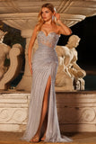 Sparkly Silver Beaded Strapless Mermaid Corset Long Prom Dress with Slit