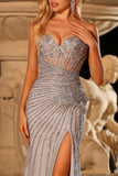 Sparkly Silver Beaded Strapless Mermaid Corset Long Prom Dress with Slit