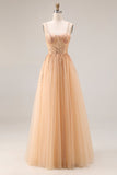Sparkly Peach A-Line Tulle Long Prom Dress with Lace Up Back