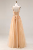 Sparkly Peach A-Line Tulle Long Prom Dress with Lace Up Back