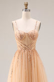 Sparkly Peach A-Line Tulle Long Prom Dress with Lace Up Back
