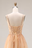 Sparkly Peach A-Line Tulle Long Prom Dress with Lace Up Back