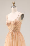 Sparkly Peach A-Line Tulle Long Prom Dress with Lace Up Back