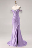 Satin Light Purple Mermaid Sweetheart Ruched Beaded Long Prom Dress with Slit