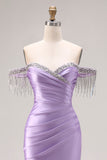 Satin Light Purple Mermaid Sweetheart Ruched Beaded Long Prom Dress with Slit