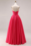 Candy Pink A-Line Sweetheart Corset Ruched Long Prom Dress with Beading