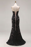 Lace Black Mermaid Sweetheart Lace-Up Back Long Prom Dress with Slit