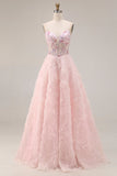 Pink A-Line Sequins Strapless Coeset Long Prom Dress with 3D Flowers