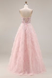 Pink A-Line Sequins Strapless Coeset Long Prom Dress with 3D Flowers