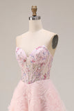 Pink A-Line Sequins Strapless Coeset Long Prom Dress with 3D Flowers