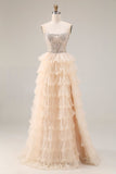 Apricot Strapless Tiered A-Line Sequins Beaded Long Prom Dress with Slit