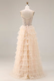 Apricot Strapless Tiered A-Line Sequins Beaded Long Prom Dress with Slit