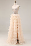 Apricot Strapless Tiered A-Line Sequins Beaded Long Prom Dress with Slit