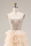 Apricot Strapless Tiered A-Line Sequins Beaded Long Prom Dress with Slit